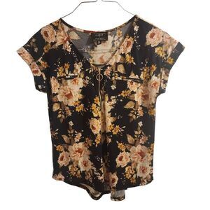 Flower & Feather Blue Floral Short Sleeve Blouse Size Medium